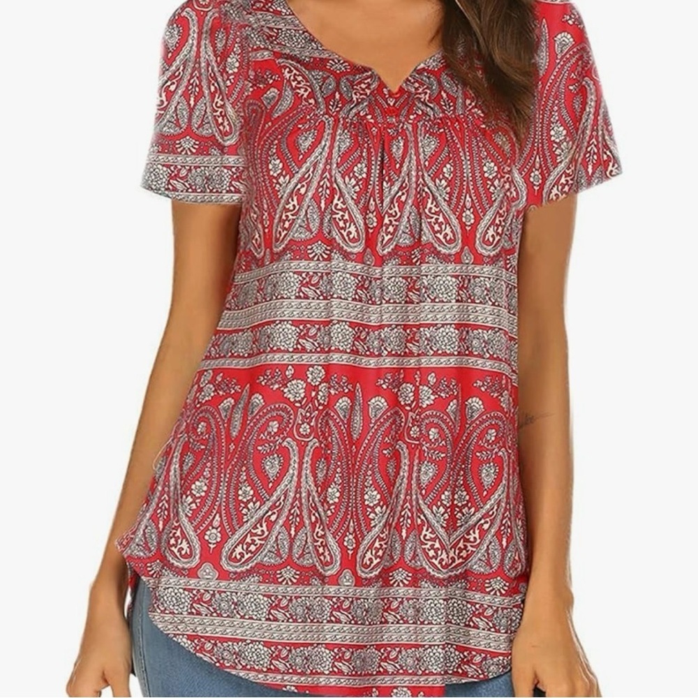 Halife Red/Grey Paisley Printed Round Split -V w/Buttons Flowy Tunic Top Sz 3X